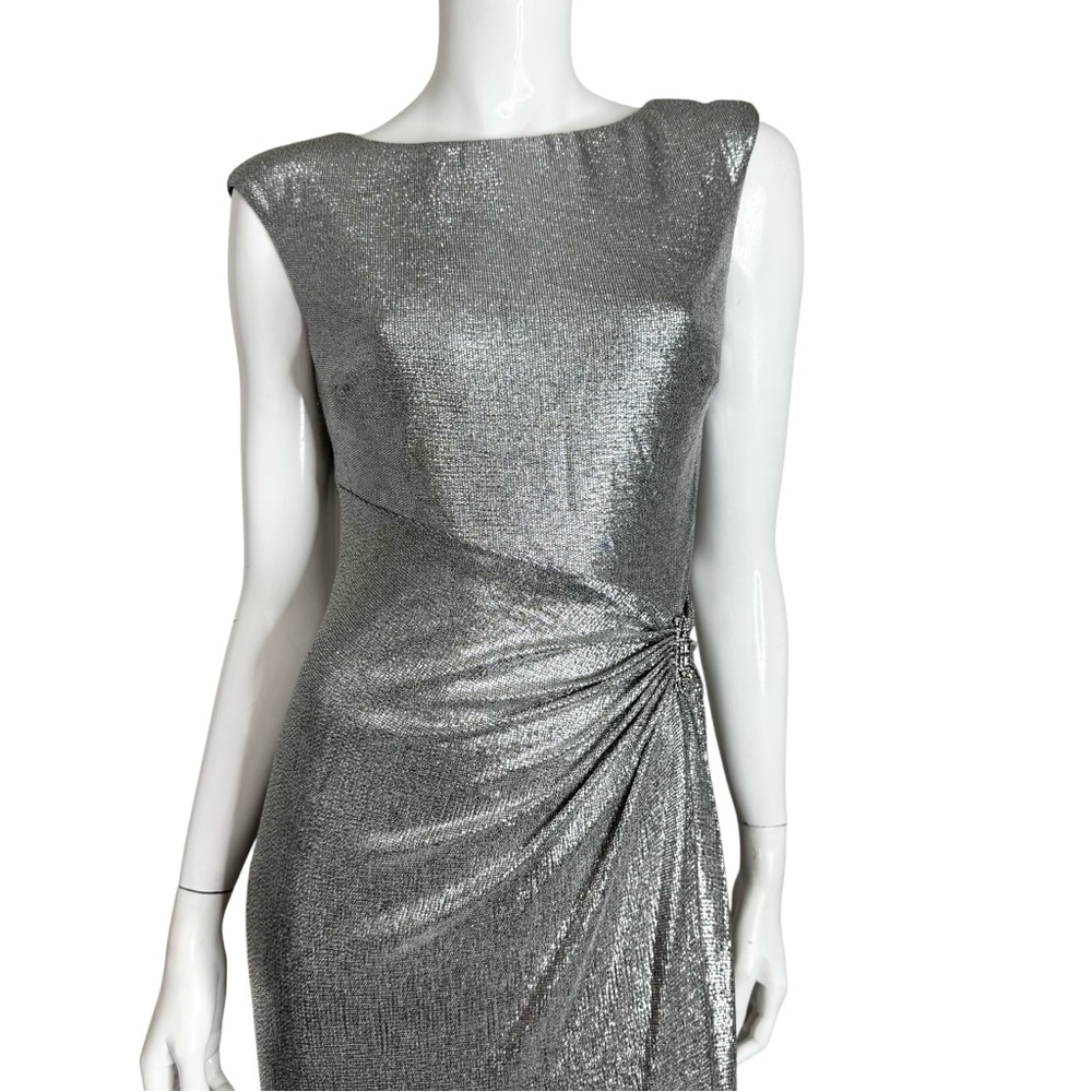 Lauren Ralph Lauren Metallic Silver Side Slit Runched Embellished Pin Maxi Dress - Picture 3 of 12
